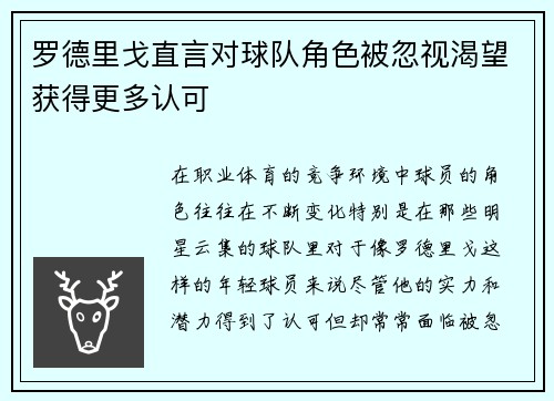 罗德里戈直言对球队角色被忽视渴望获得更多认可
